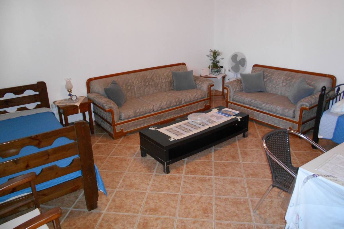 A room with two sofas, a wooden bed, a small table with a lamp, and a fan.
