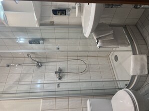 A modern bathroom with a glass-enclosed shower, a toilet, and a sink. - Pension Wiesenau (Nidda)