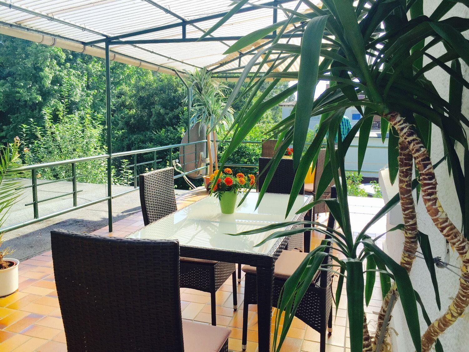 An outdoor patio with a glass table and wicker chairs, surrounded by lush greenery and a metal railing.