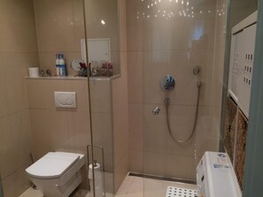 Shower, free toiletries, hair dryer, towels