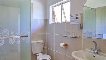 Une salle de bain avec une douche à parois de verre, des toilettes, un lavabo et une fenêtre.