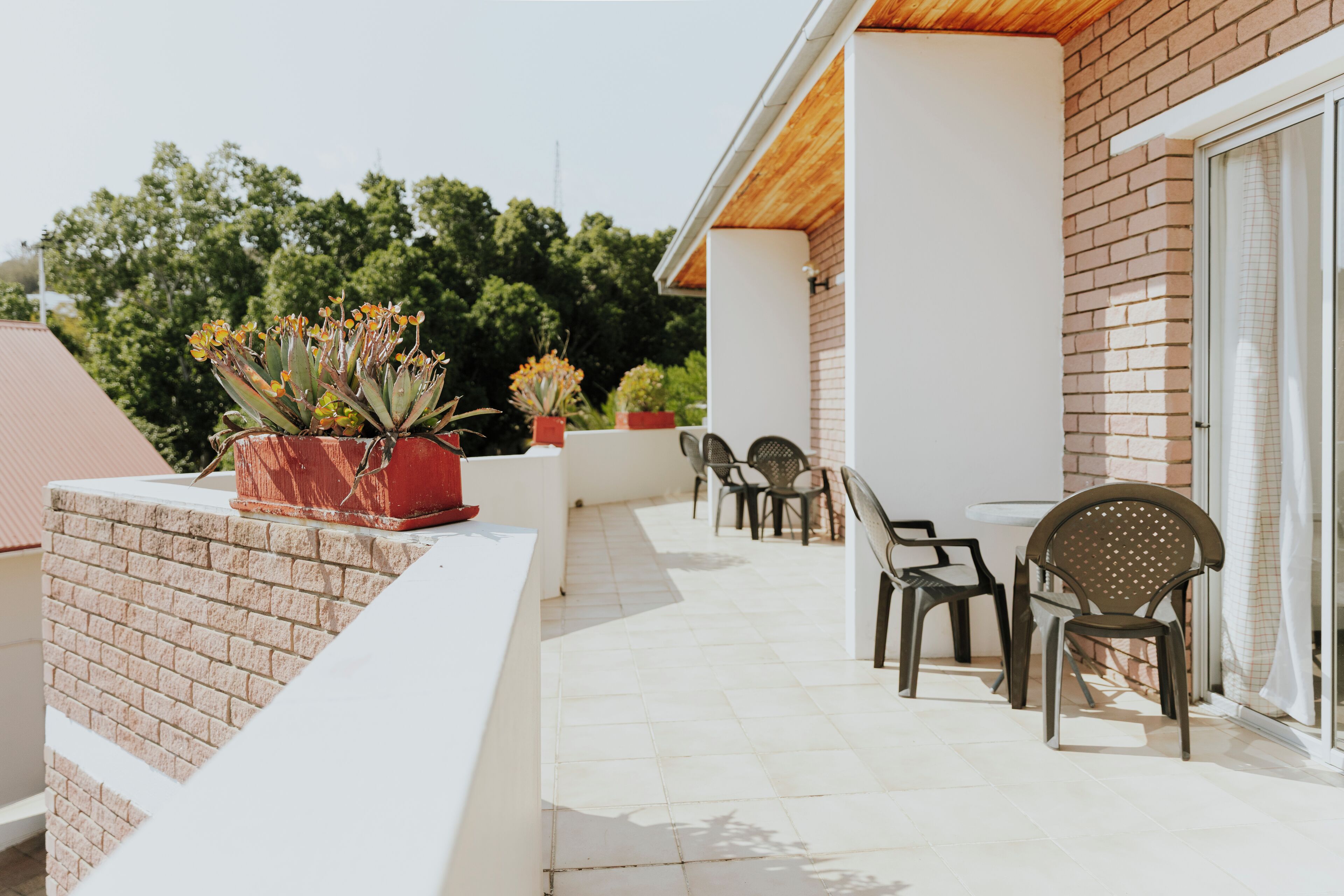 Un balcon agrémenté de plantes en pot, une table et des chaises.