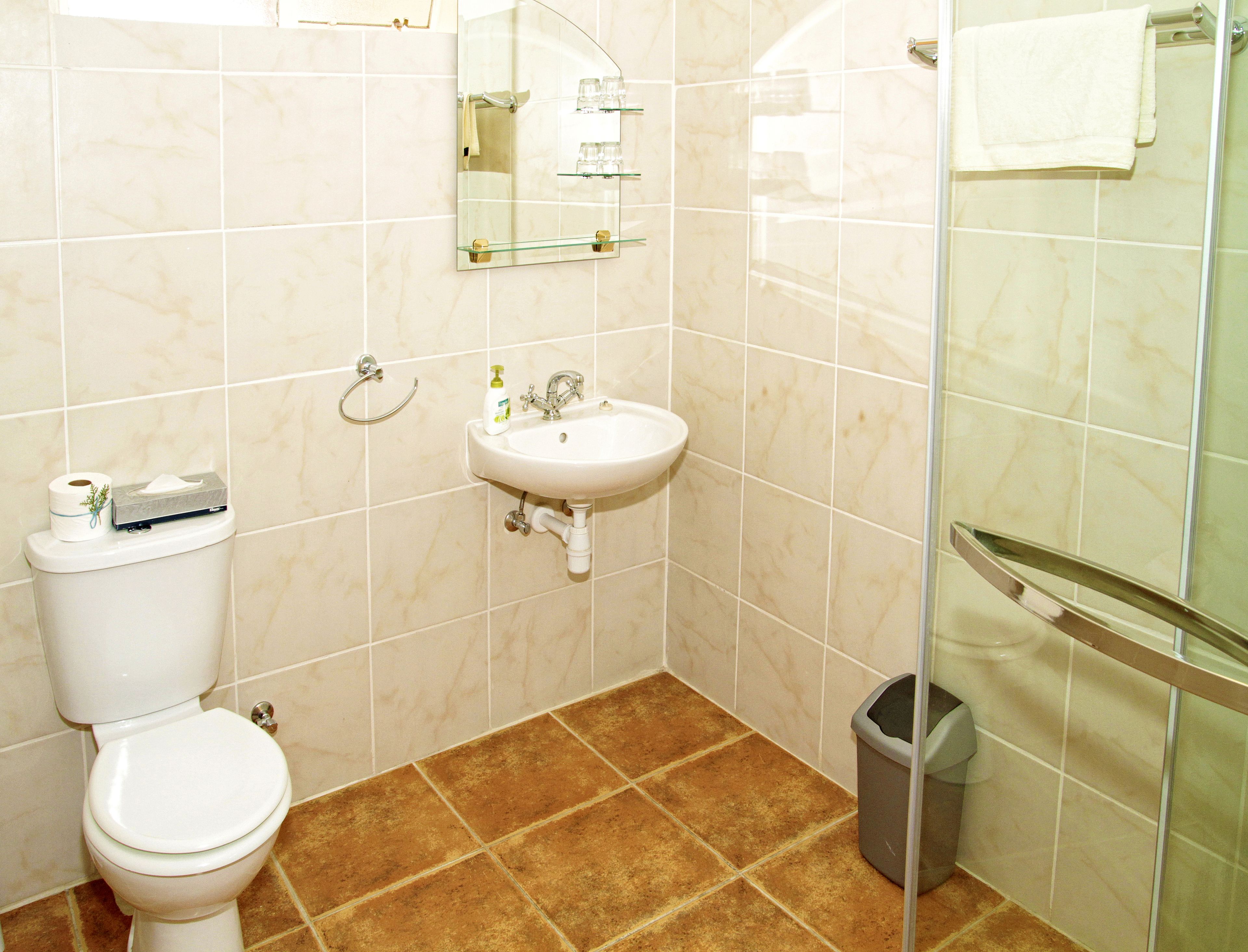 A bathroom with a toilet, sink, mirror, and shower.