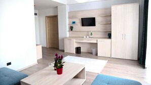 A modern living room with a sofa, a coffee table with a plant, a TV mounted on a wooden wall, and a kitchen area with cabinets and a sink. - Vila Kharisma (Navodari)