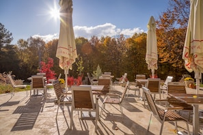 Espace extérieur aménagé avec des parasols et des tables, entouré d’arbres aux feuilles d’automne.