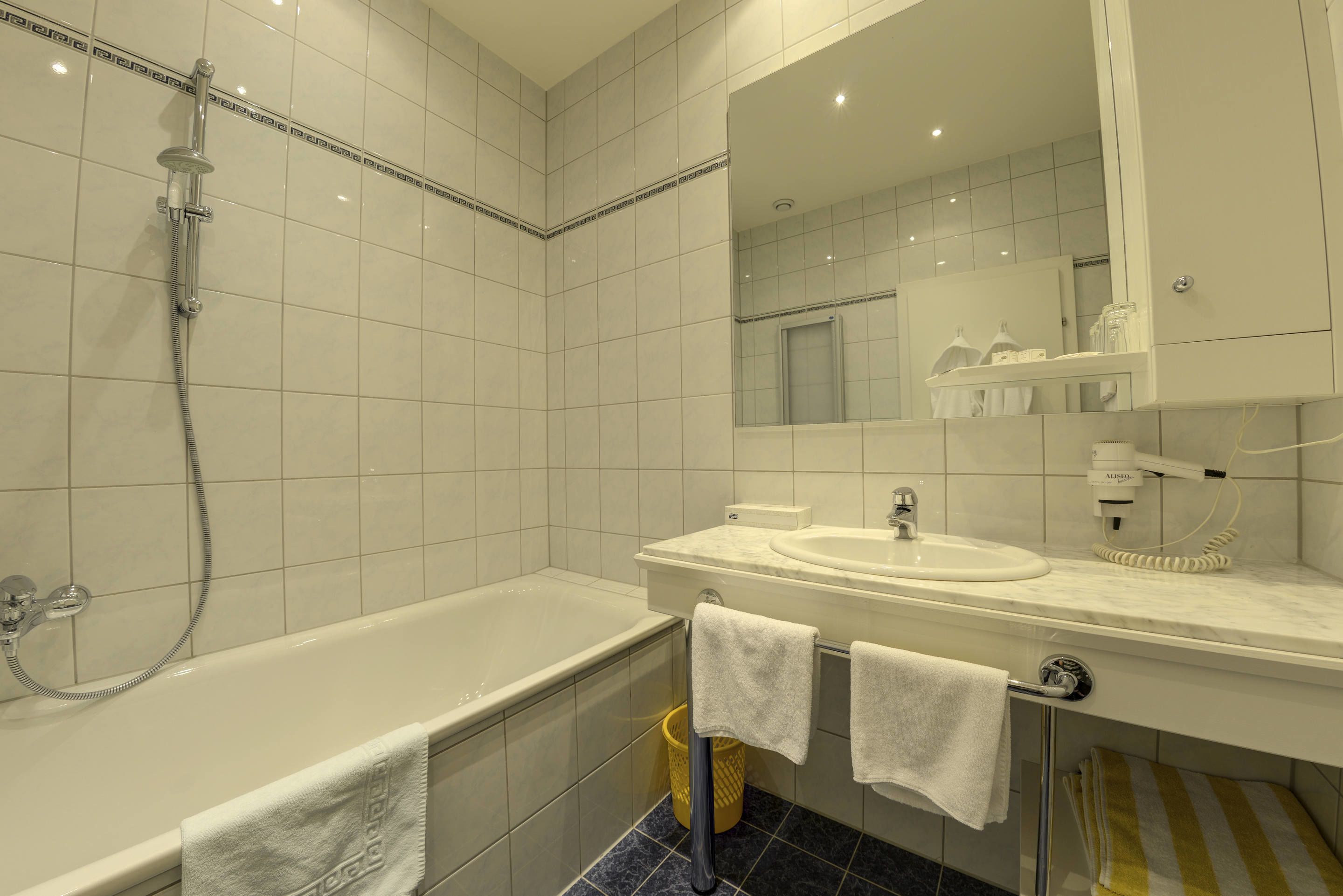 Une salle de bain moderne avec une baignoire, un lavabo et un miroir.