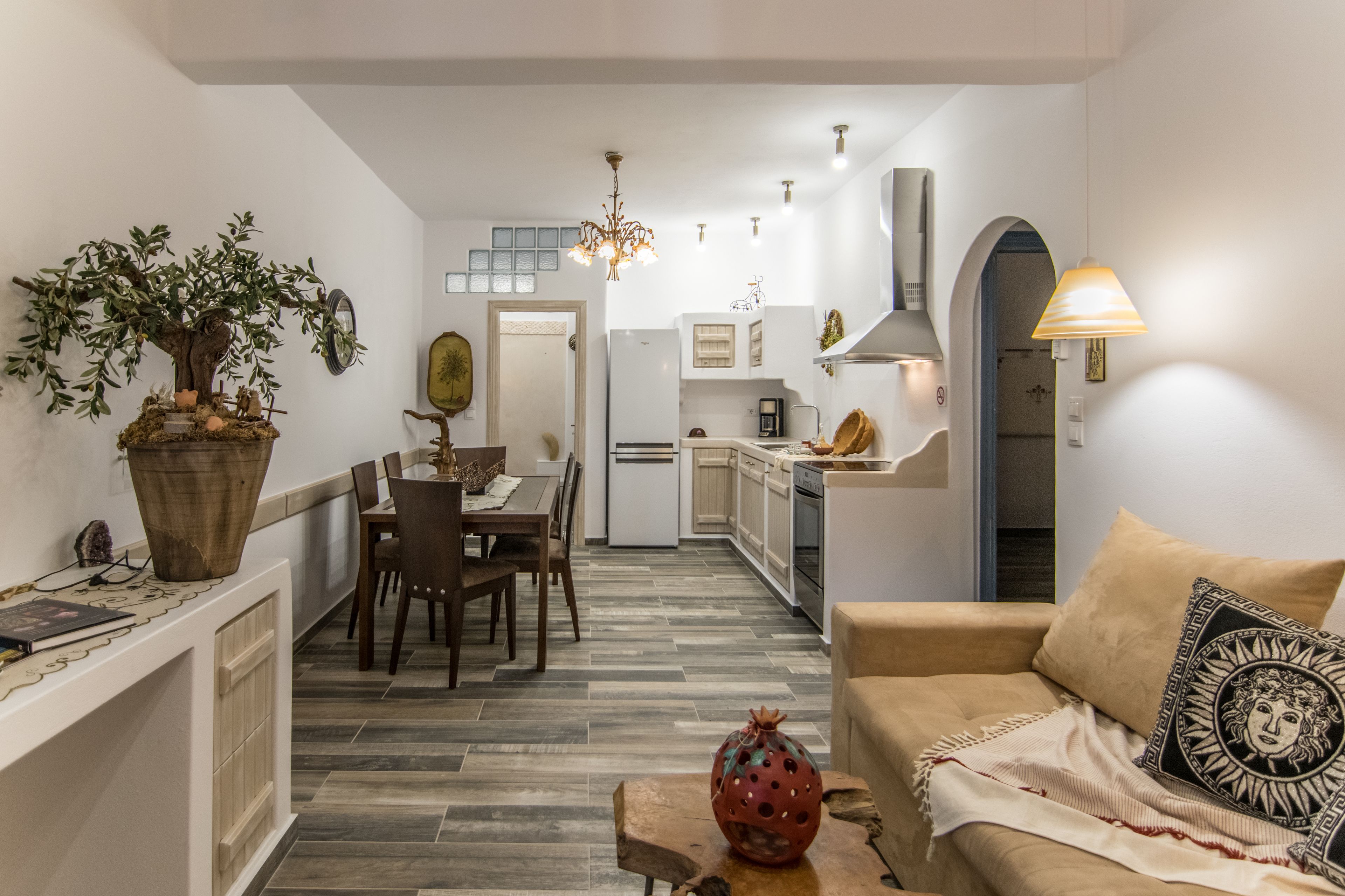 Un espai habitable compacte amb zona de menjador, petita cuina i sofà amb coixins decoratius.