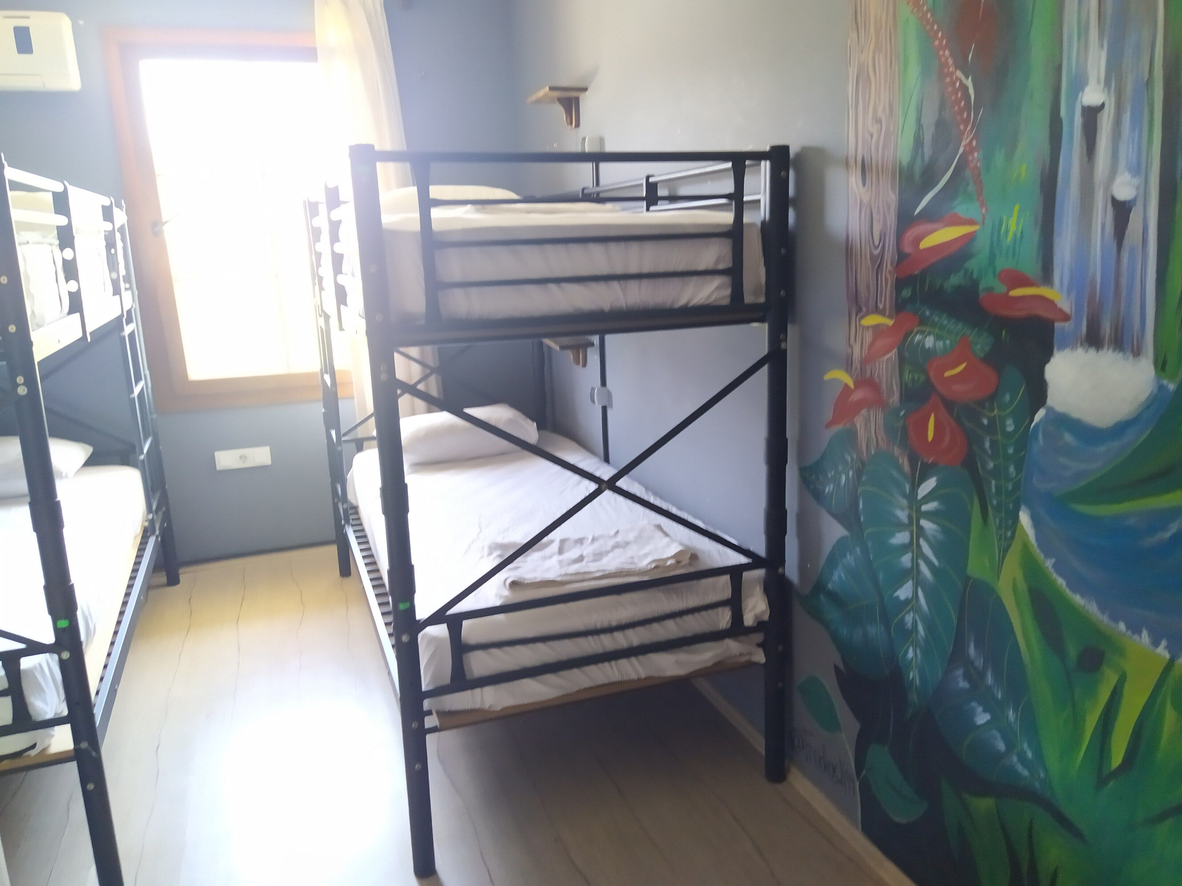 A bunk bed room with a window, a wall with a mural, and a door.