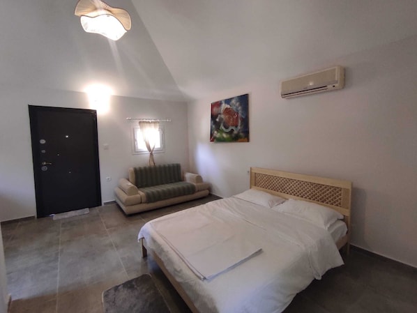 A bedroom with a bed, a sofa, a door, a window with curtains, an air conditioning unit, and a painting on the wall.