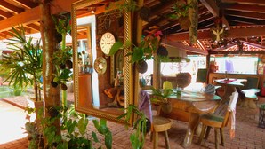 A rustic interior with a large mirror, wooden furniture, and hanging plants. - Pousada O Sole Mio (Planura)
