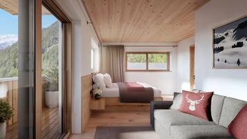 A modern bedroom with a wooden ceiling, a large window, a bed, a sofa, and a painting on the wall.