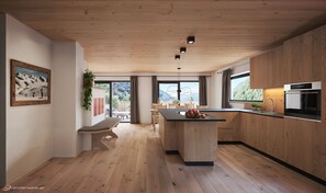 A modern kitchen with wooden flooring, a central island, and a dining area with a view of the mountains. - The Private Chalet s'Tyrolia (Soelden)