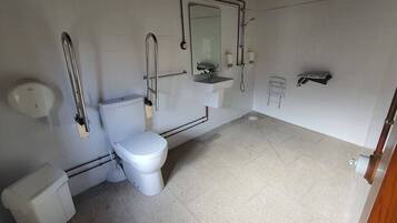 Un baño con inodoro, lavamanos y ducha.