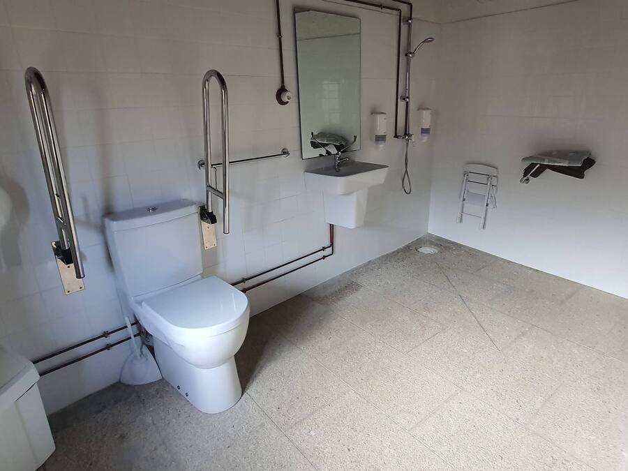 Un baño con inodoro, lavamanos y ducha.