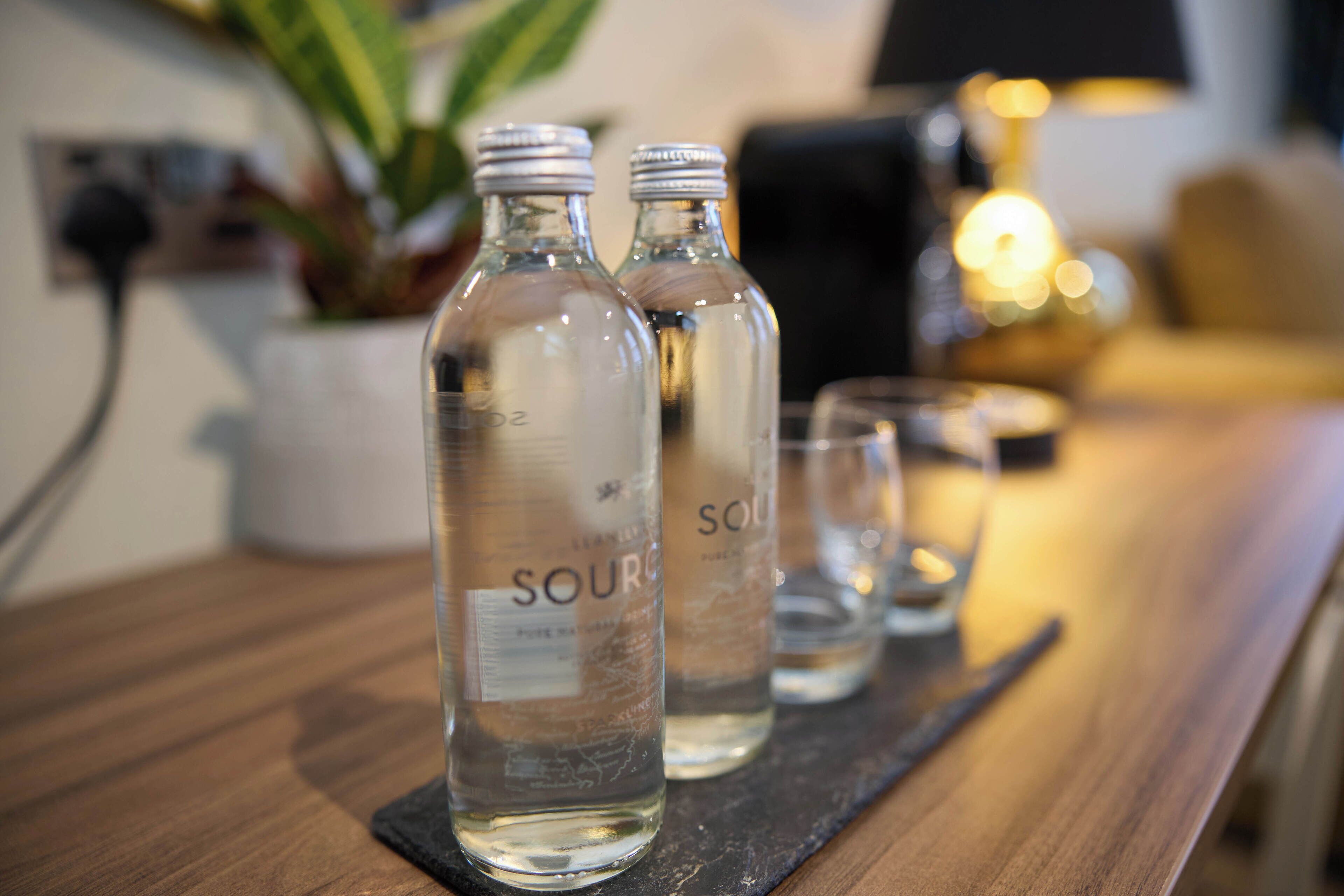 Dos botellas de vidrio transparente con la etiqueta "SOUR" sobre una superficie de madera, con un fondo desenfocado que incluye una planta y una lámpara.