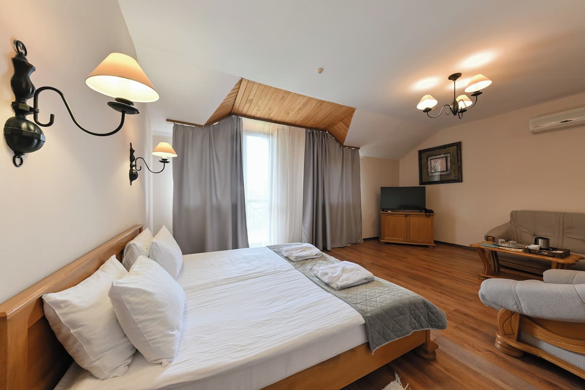 Un dormitorio con una cama grande, dos lámparas de noche, techo de madera, un televisor y un sofá.