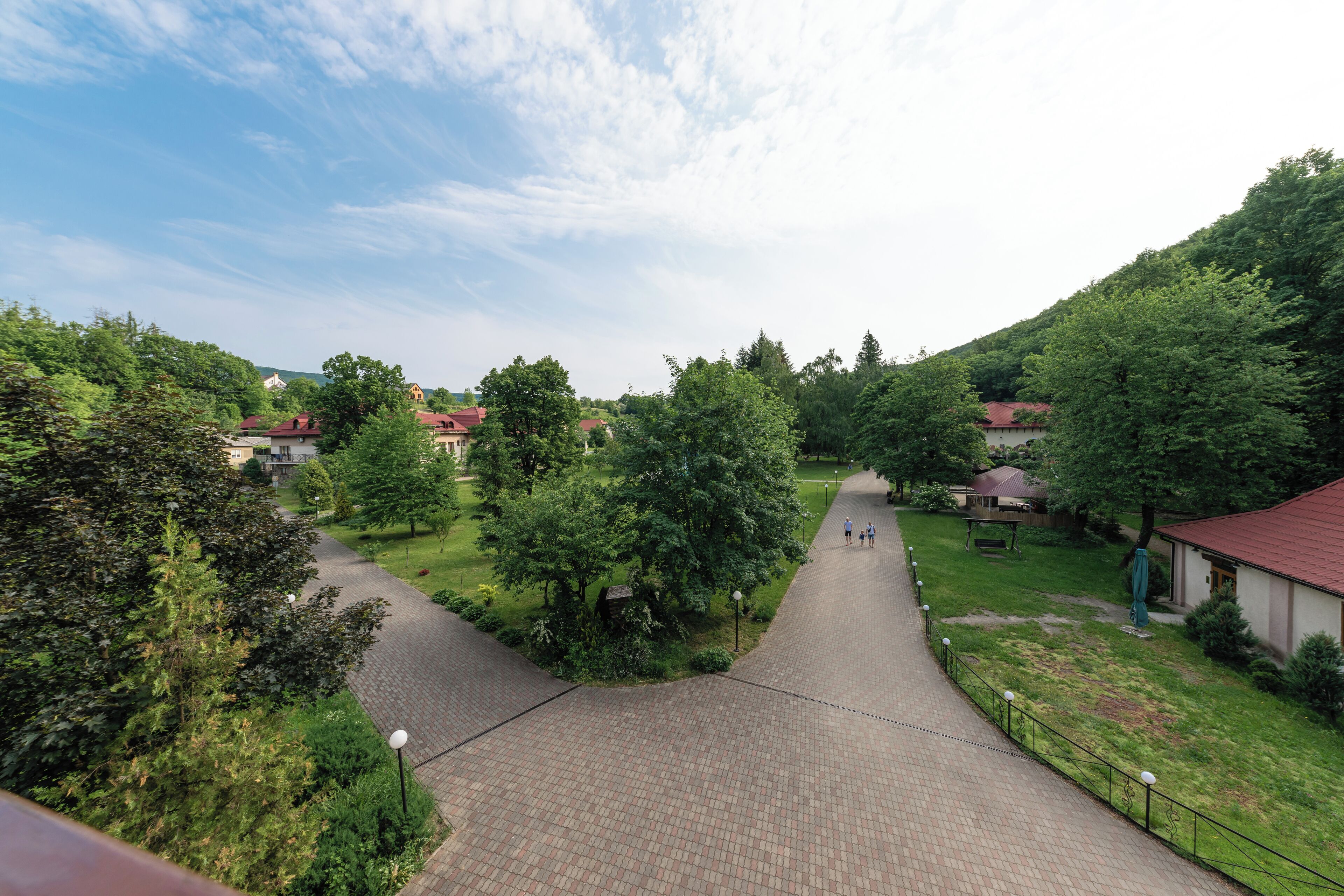 Un viale lastricato che si snoda attraverso un parco, con alberi e edifici sullo sfondo.