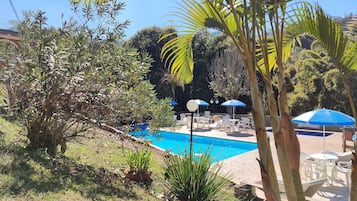 Kolam renang outdoor, dengan payung kolam renang dan kursi berjemur