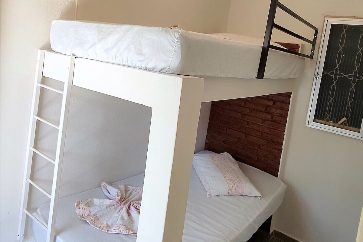 A bunk bed with a ladder, a brick wall, and a window with a view.