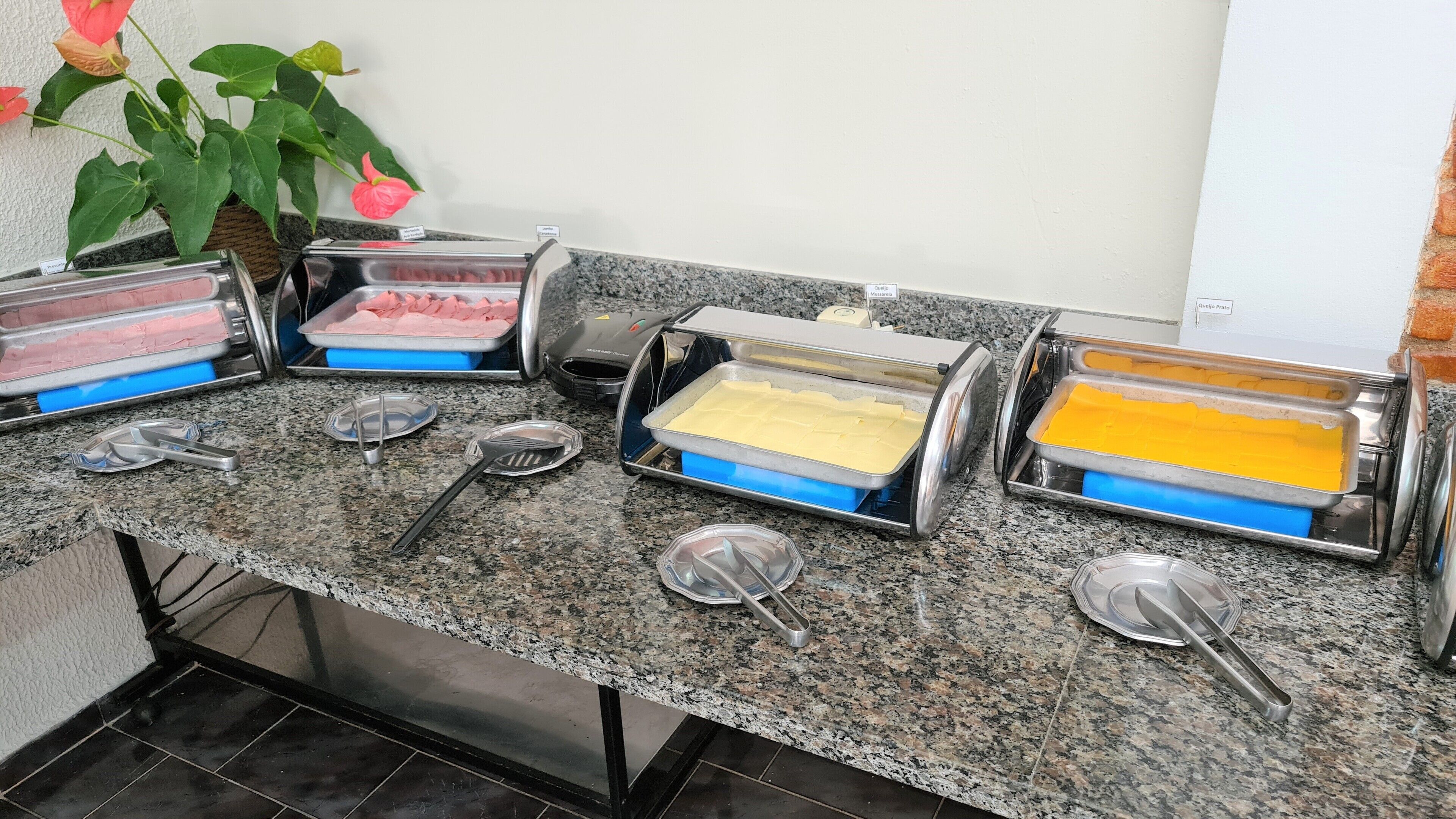 A buffet setup with various food items in trays, spoons, and a plant in the background.