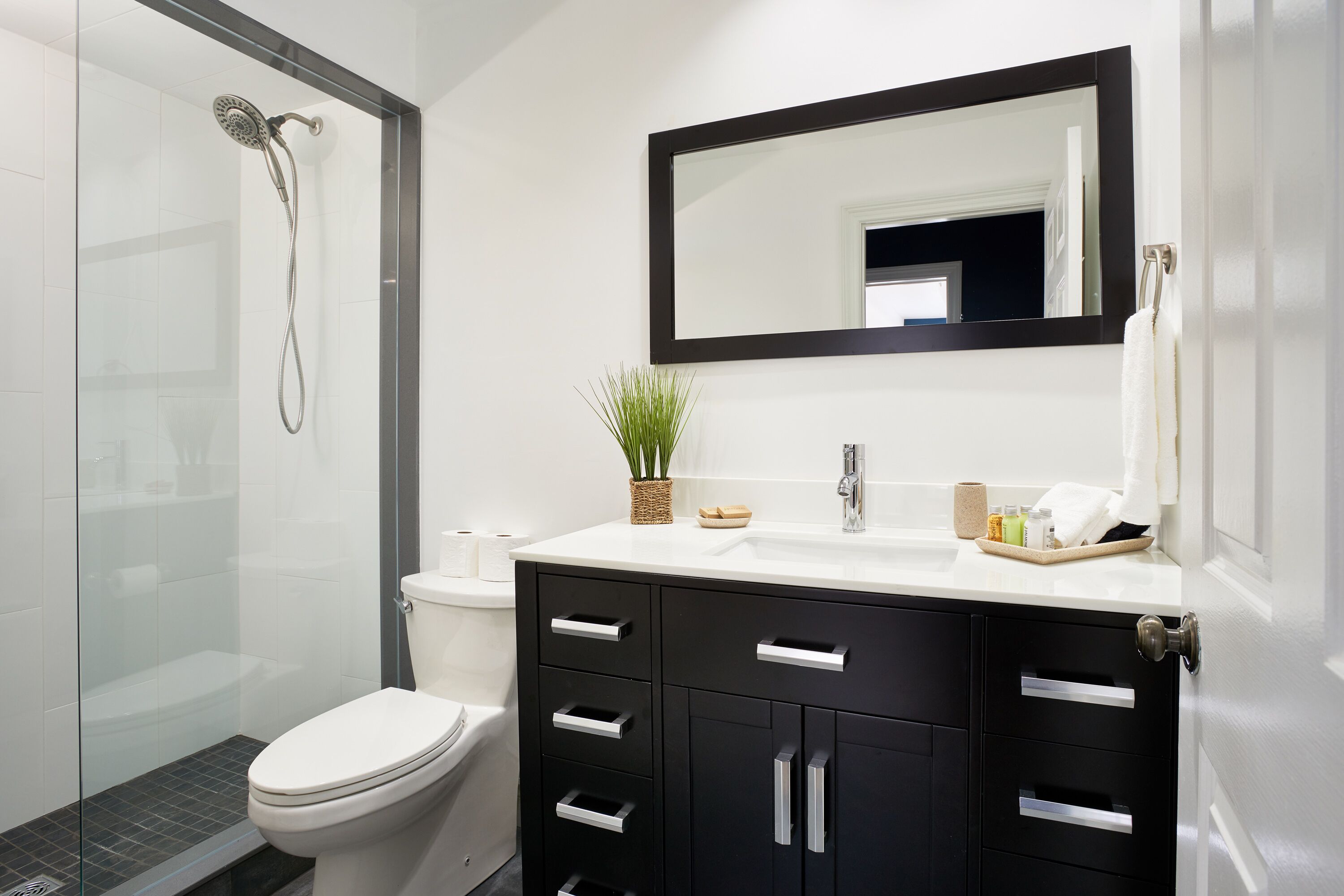 deluxe apartment, 1 queen bed | bathroom | shower, free toiletries, hair dryer