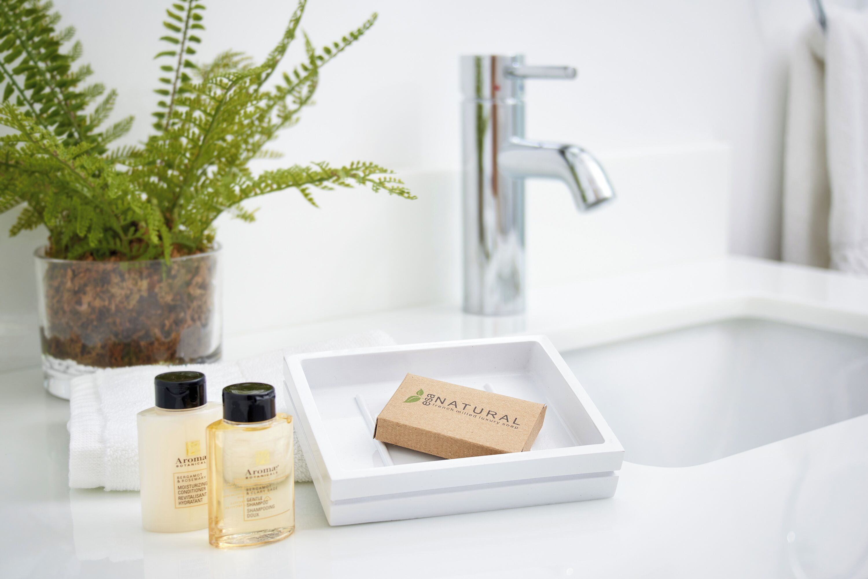 Un baño con un lavabo blanco, una planta en maceta y tres botellas de productos 'Aroma'.