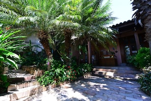 A courtyard with palm trees, a stone pathway, and a building with a covered entrance. - Pousada Europa Caldas Novas (Caldas Novas)