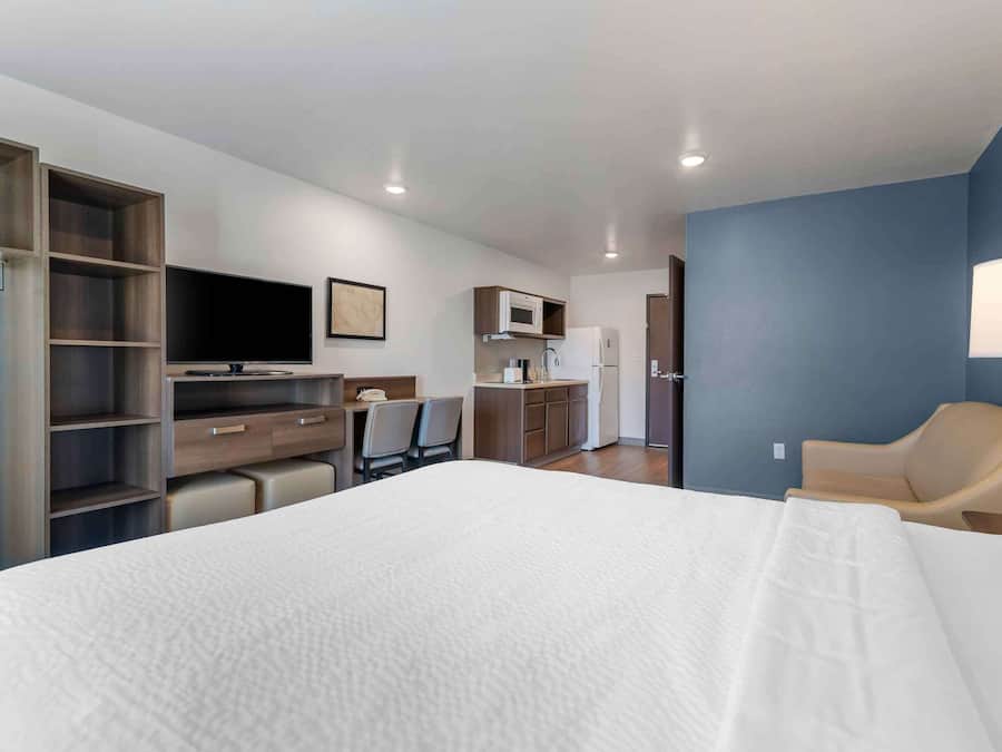 Estudio Deluxe, 1 cama Queen size y sofá cama, para no fumadores, refrigerador y microondas | Escritorio y espacio para trabajar con laptop