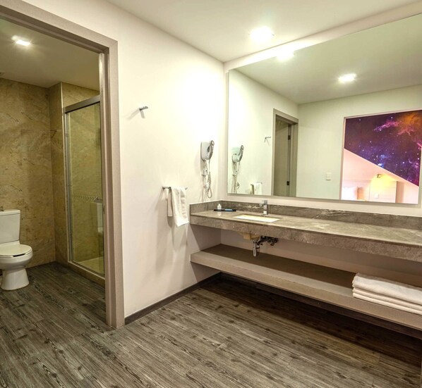 A modern bathroom with a shower, toilet, and vanity with a large mirror.