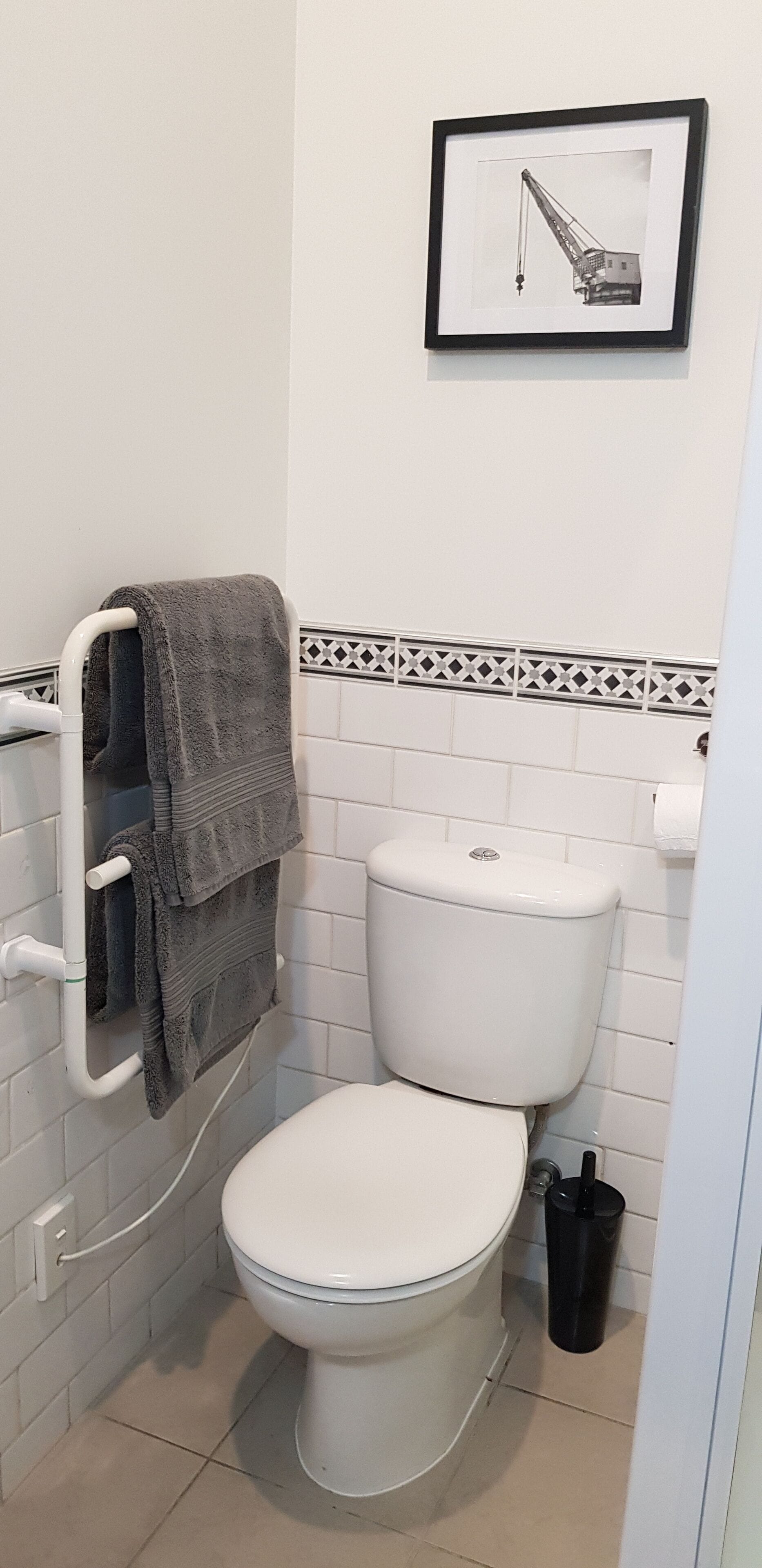 A bathroom with a white toilet, a towel rack with two towels, a framed picture on the wall, and a black trash bin.