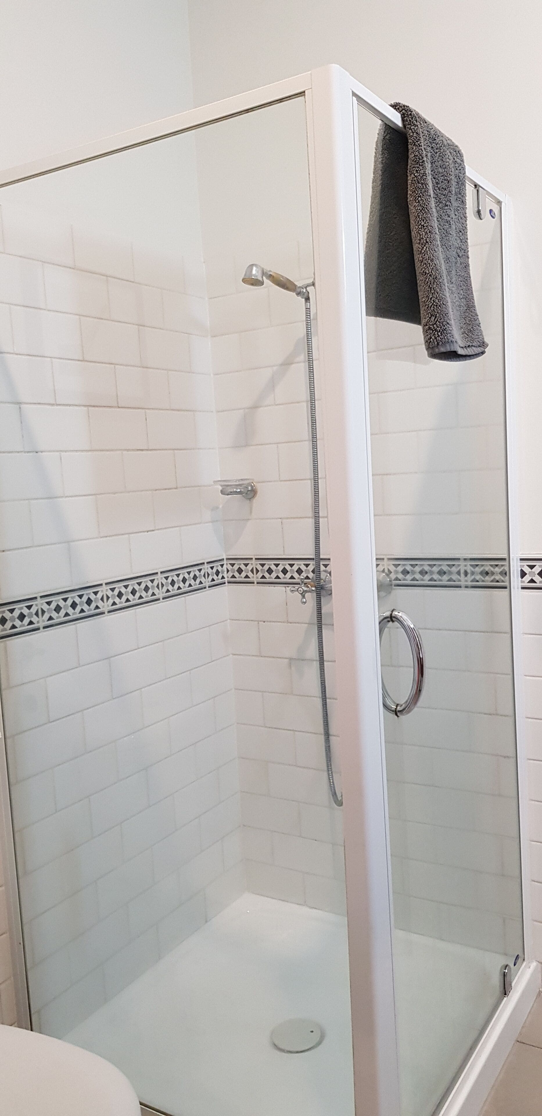 A glass-enclosed shower with white tiles and a decorative border.