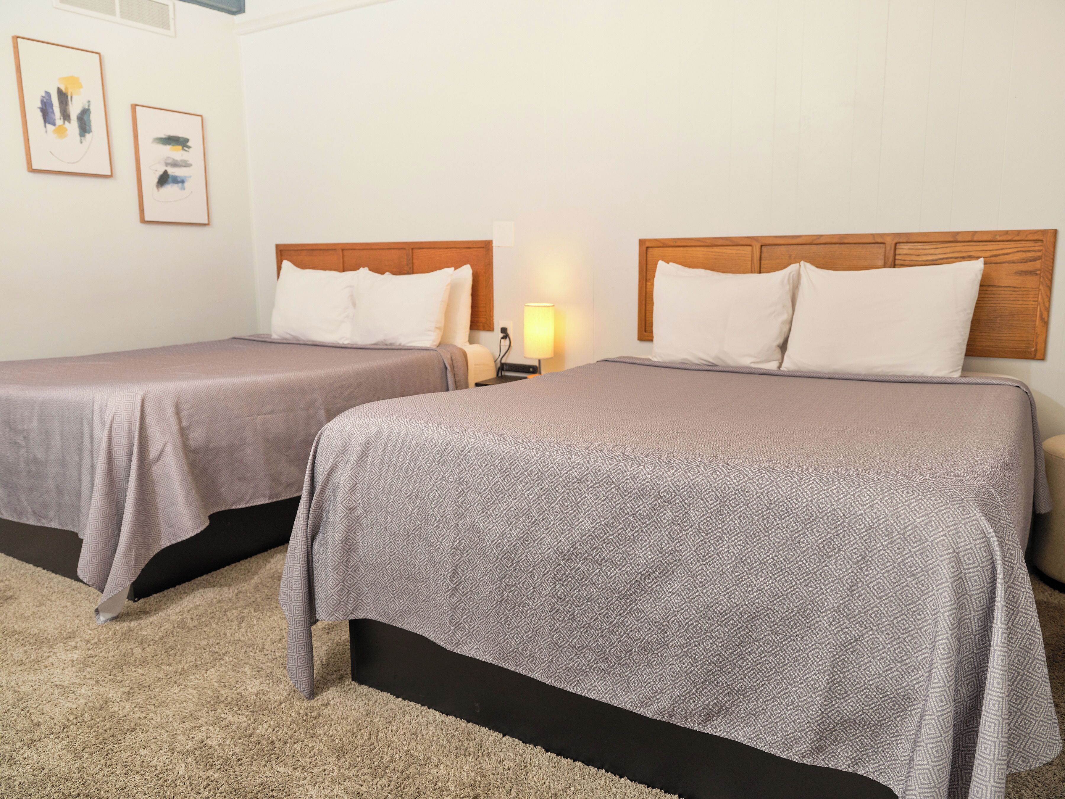 Two single beds with wooden headboards, a nightstand with a lamp, and a beige carpet.