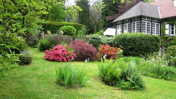 Ein gepflegter Garten mit verschiedenen Pflanzen und ein traditionelles Haus mit Ziegeldach.