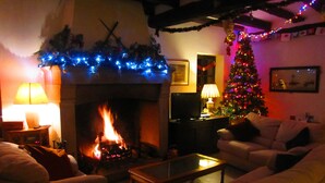 Ein gemütliches Wohnzimmer mit Kamin, Weihnachtsbaum und Fernseher.