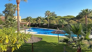 A swimming pool surrounded by palm trees and greenery, with a clear blue sky. - SUN, NATURE AND BEACH. Cozy, bright, large garden with views of pine forests (Islantilla)