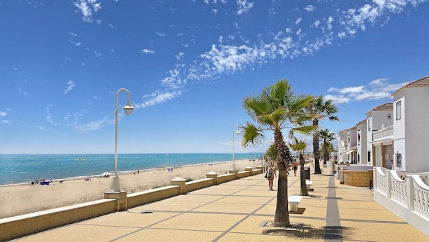 A coastal promenade with a beach, palm trees, and white buildings with balconies. - SUN, NATURE AND BEACH. Cozy, bright, large garden with views of pine forests (Islantilla)