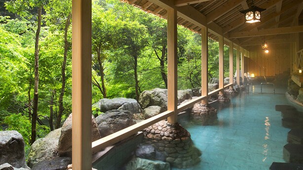 Una estructura de madera tradicional con un canal de agua revestido de piedra y vistas a vegetación exuberante.