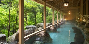 A traditional wooden structure with a stone-lined water channel and a view of lush greenery. - Kagari Kisshotei (Kaga)