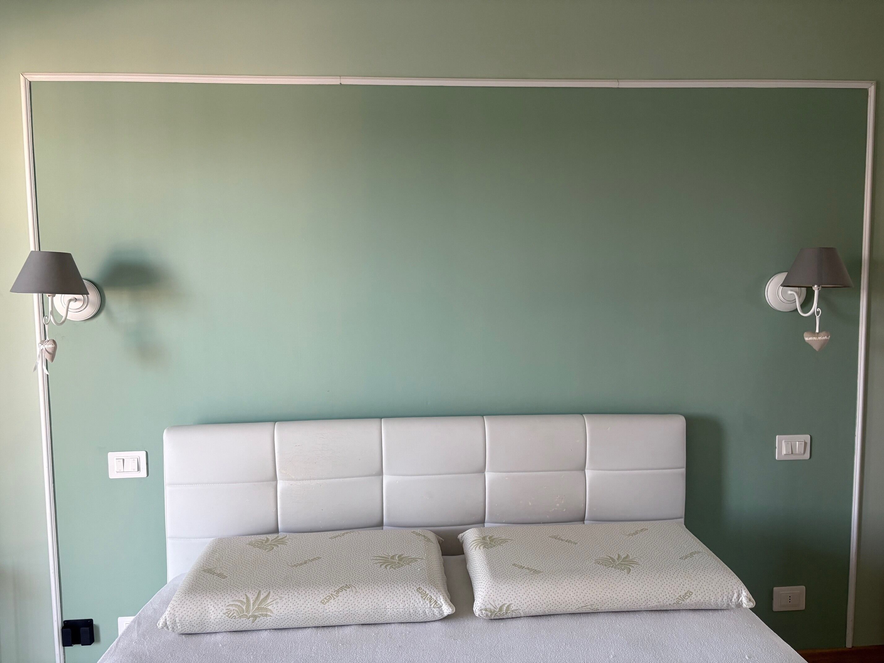 A bedroom with a white headboard, two pillows, two wall-mounted lamps, and a light switch.