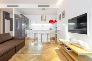 Télévision, cheminée, chaîne hi-fi