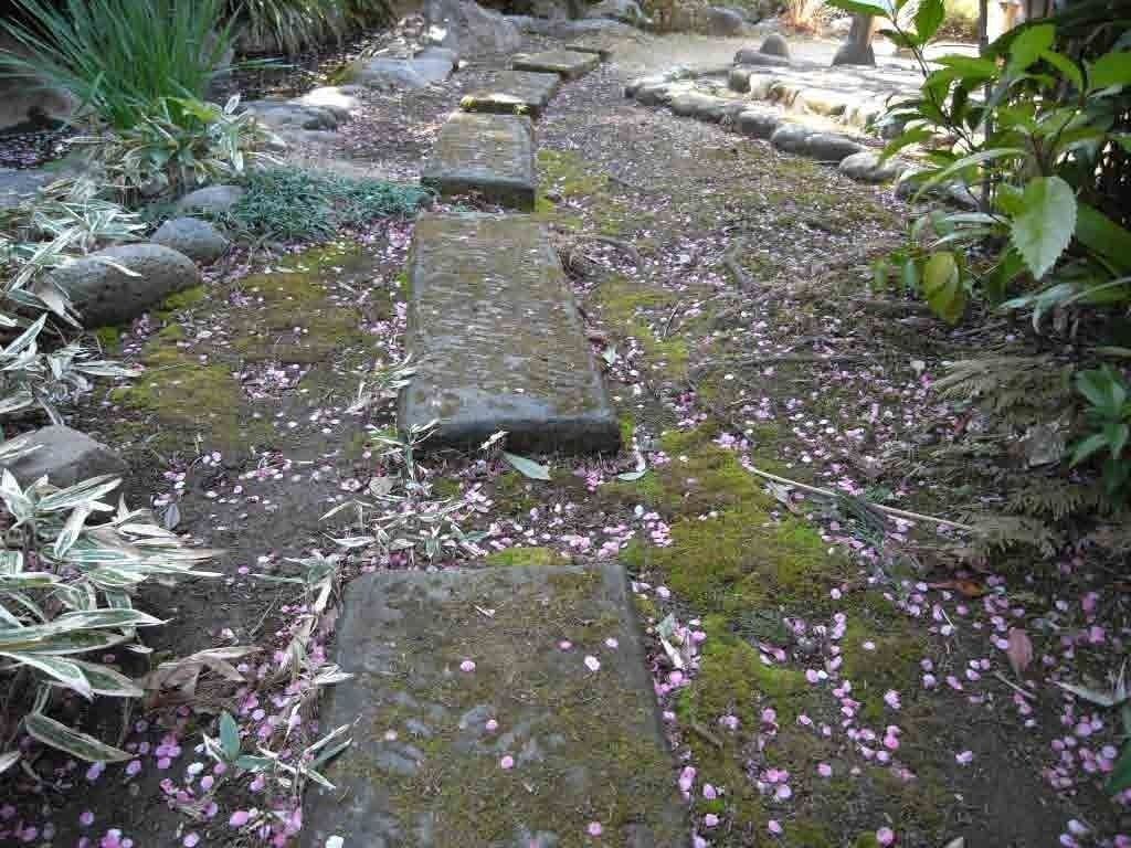 Un sentiero in pietra con pietre a gradino che si snoda attraverso un giardino fiorito di fiori rosa e verdeggiante.