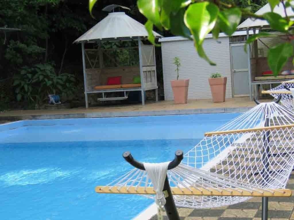 A pool area with a hammock, a covered seating area, and potted plants.