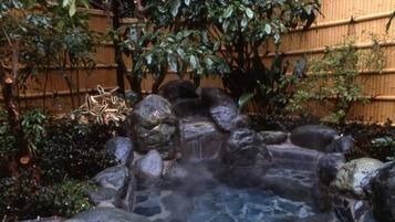 A hot spring surrounded by rocks and bamboo fencing.
