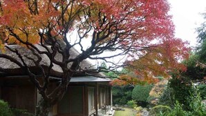 Ein traditionelles japanisches Gebäude mit einem strohgedeckten Dach, umgeben von einem Garten mit einem kleinen Bach und Herbstlaub.