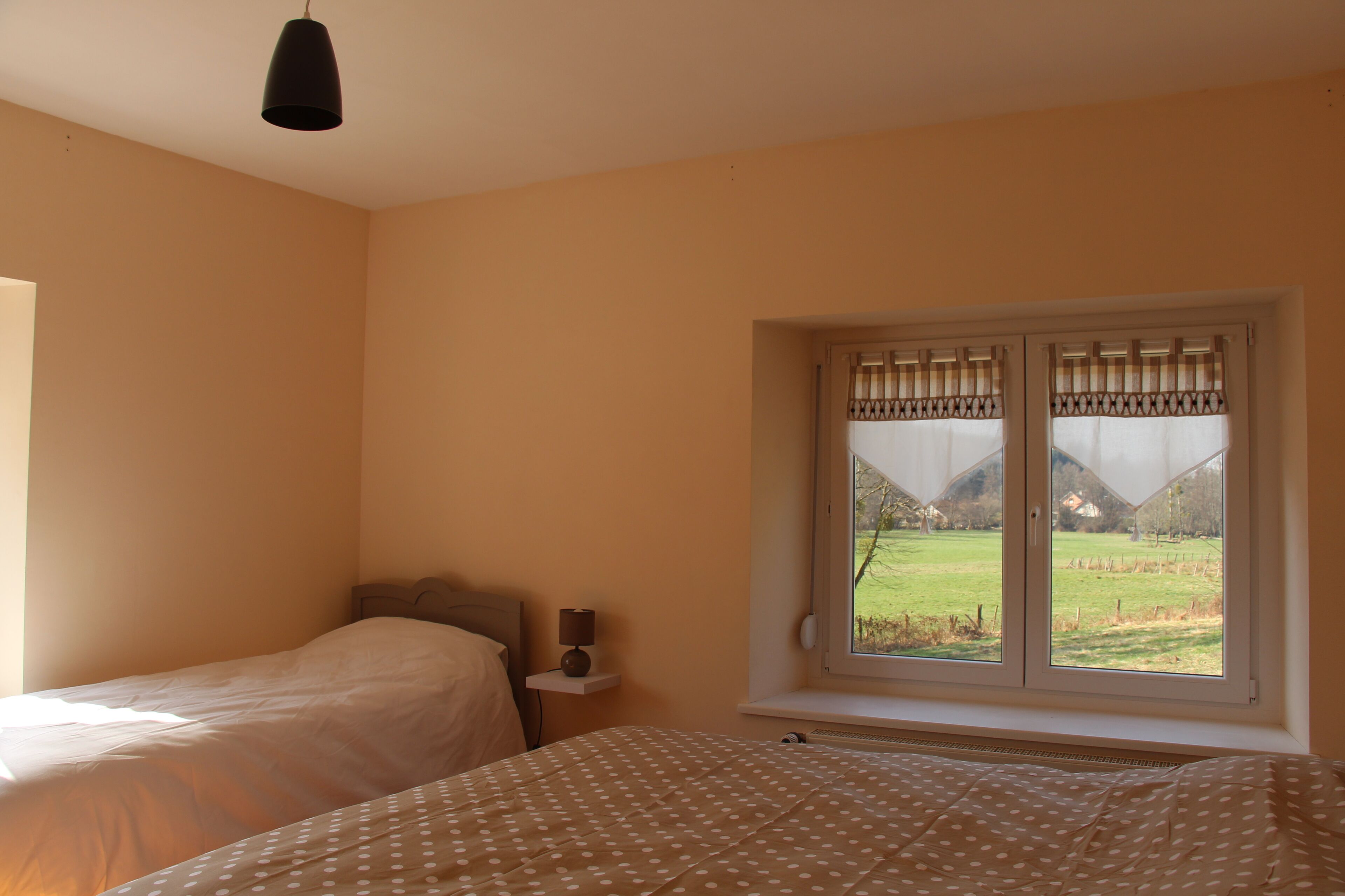 Een slaapkamer met twee bedden, een raam met uitzicht op een groen landschap en een nachtkastje met een lamp.