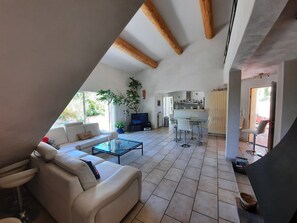 Televisión, chimenea, libros y estéreo 