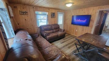 Smart TV, fireplace, books