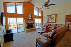 Smart TV, fireplace, DVD player, books