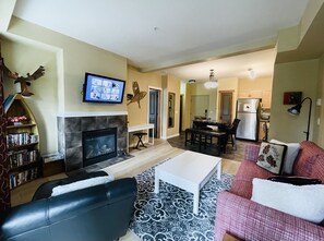 Smart TV, fireplace, DVD player, books