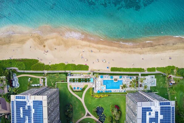 On the beach, sun loungers, beach towels